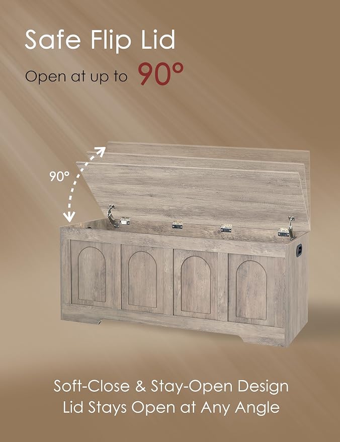 Storage Chest, Wooden Toy Box, Greige 50.0" L | Extra Large Storage Bench, 2 Soft-close Hinges, Finger-safe Flip-Top Lid, Easy Assembly, Farmhouse Trunk, Living Room/Bedroom
