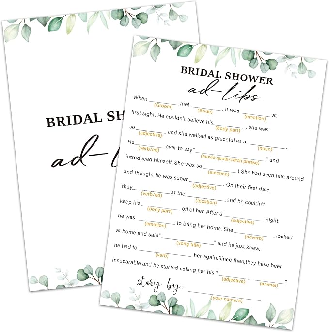 Bridal Shower Game Ad Libs Wedding Advice - Wedding Shower Games 30 Guests for Engagement Party (Eucalyptus Botanical Style) -0003