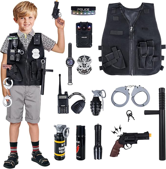 14Pcs Halloween Police Costume for Kids, Pretend Play Swat Vest with Toys Accessories, Role Play Cop Costumes Outfit Dress up Set for 4-6 6-8 Ages, Boys Halloween Costume