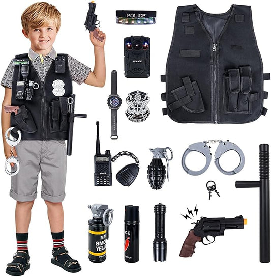14Pcs Halloween Police Costume for Kids, Pretend Play Swat Vest with Toys Accessories, Role Play Cop Costumes Outfit Dress up Set for 4-6 6-8 Ages, Boys Halloween Costume