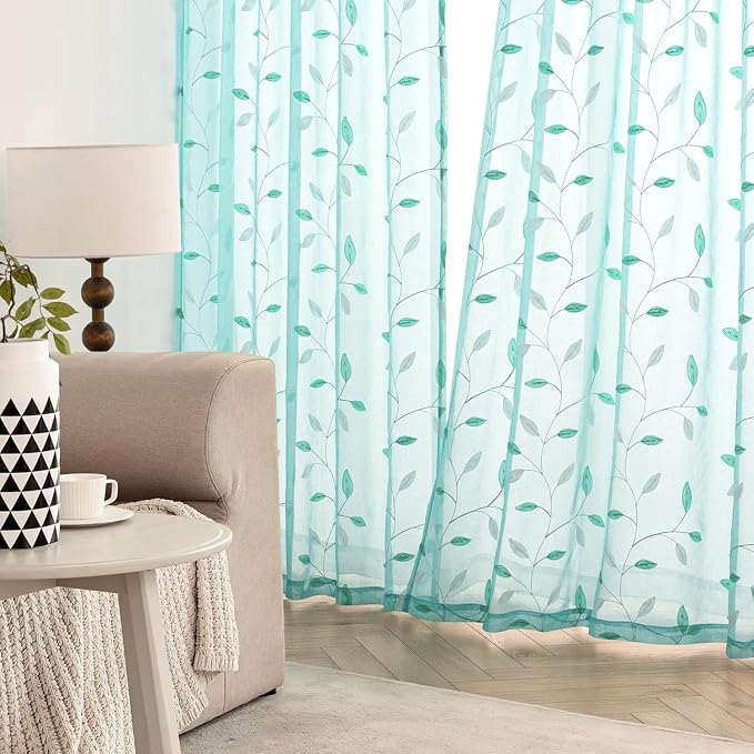 MIULEE Turquoise Sheer Curtains 2 Panels Embroidered Leaf Patterned Rod Pocket Floral Semi Sheer Faux Linen Window Curtains Drapes Set for Living Room Bedroom Dining Room, 52x96 Inches Long