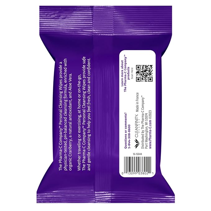 The Pharma-C Company Personal Cleansing Wipes [20 wipes] - Enriched with Cranberry & Aloe Vera. Feminine Intimate Hygiene Wipe. 99% Natural Origin.