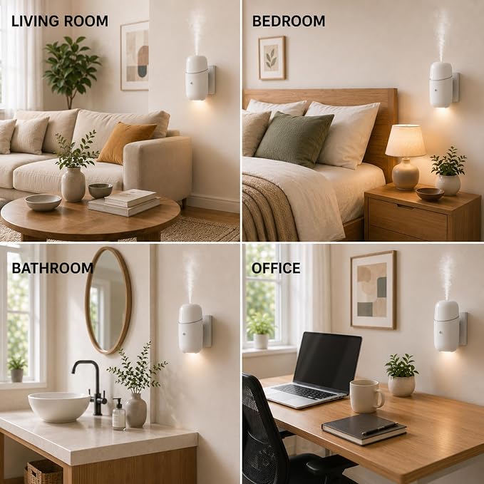 Waterless Diffuser, Essential Oil Diffuser with Low/High Switch & Timer, Plug in Diffuser with Night Light, Quiet Wall Aromatherapy Diffuser for Home, Living Room, Bedroom, Bathroom, White
