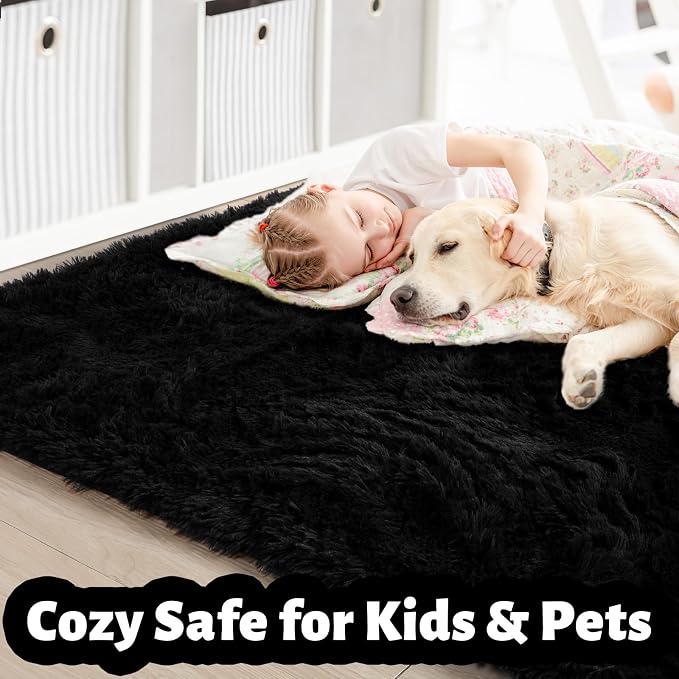 8x10 Black Rug for Living Room Bedroom, Large Big Fluffy Modern Area Rugs for Kids Room Decor Aesthetic, Shaggy Furry Floor Carpet for Dorm Office Playroom Nursery Classroom, Baby Teen Boys Men Rug