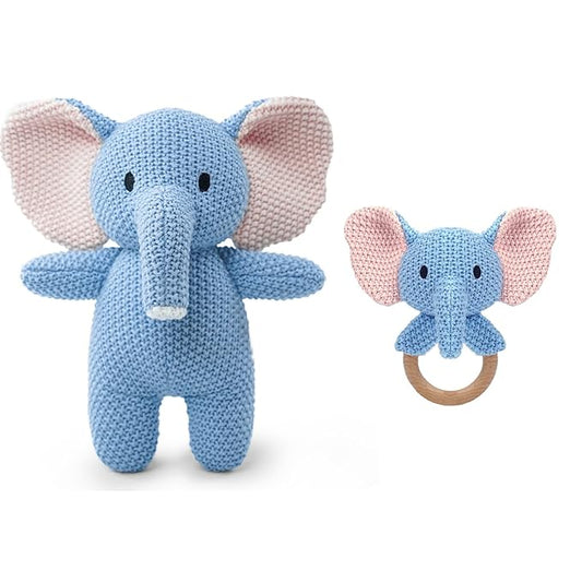 10" Crochet Elephant Stuffed Animal with Rattle, Pure Cotton Soft Crochet Doll Plush Toy for Newborn, Handmade First Birthday Gift