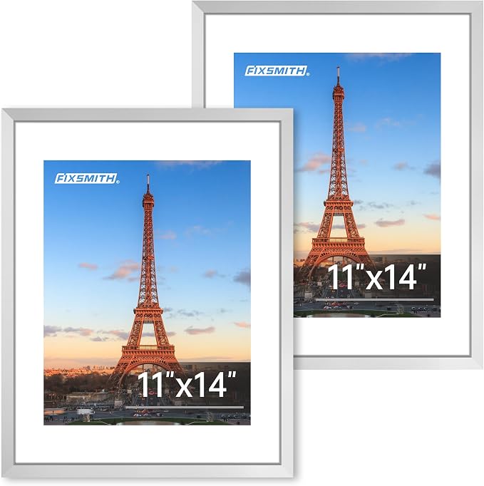 FIXSMITH 11x14 Picture Frame 2 Pack, Silver Photo Frame with HD Plexiglass, Display Pictures 8x10 with Mat or 11x14 Without Mat, Black Picture Frames Collage Wall Decor, Gallary Wall Frame