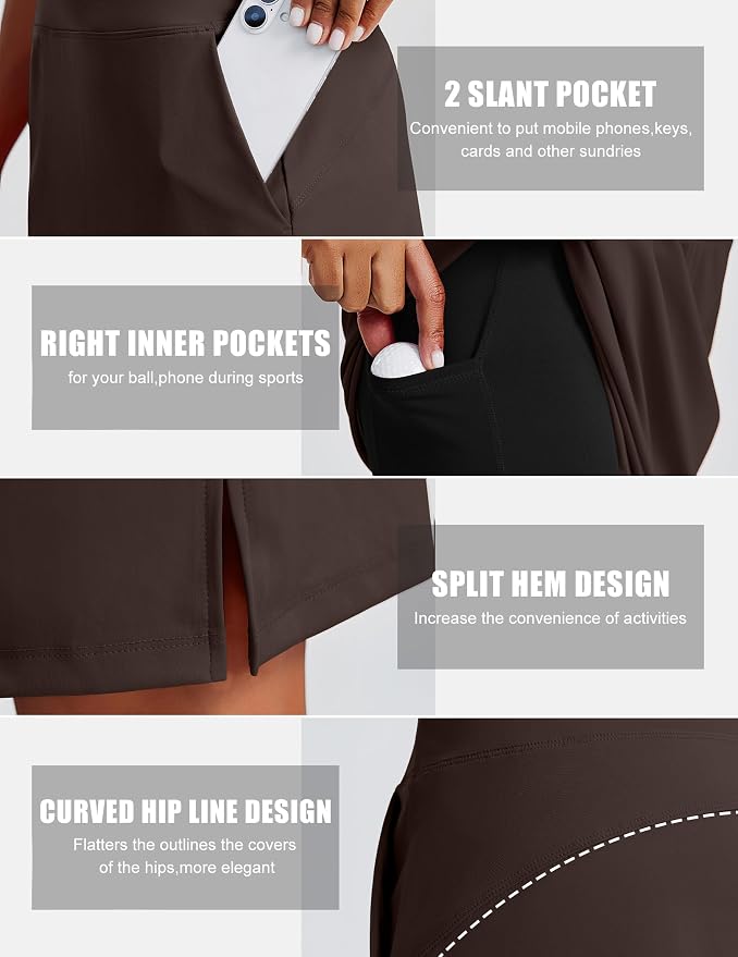 PINSPARK 20" Skorts for Woman Knee Length UPF 50+ Golf Skirts | 4 Pockets, Built-in Shorts, High Waisted, Split Hem, Silky-smooth, Moisture-wicking, for Golf Athletic Tennis Workout Casual