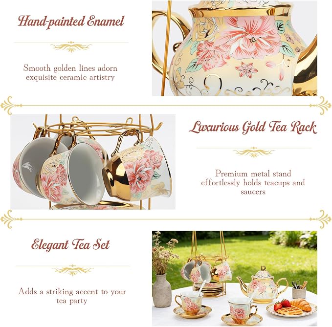 20 Pcs Porcelain Tea Set with Metal Holder, European Ceramic Tea Set for Adults, Antique Enamel Tea Cup Saucer Set for Party, Coffee Tea Gift Sets with Pink Flower Painting (Pink Enamel)