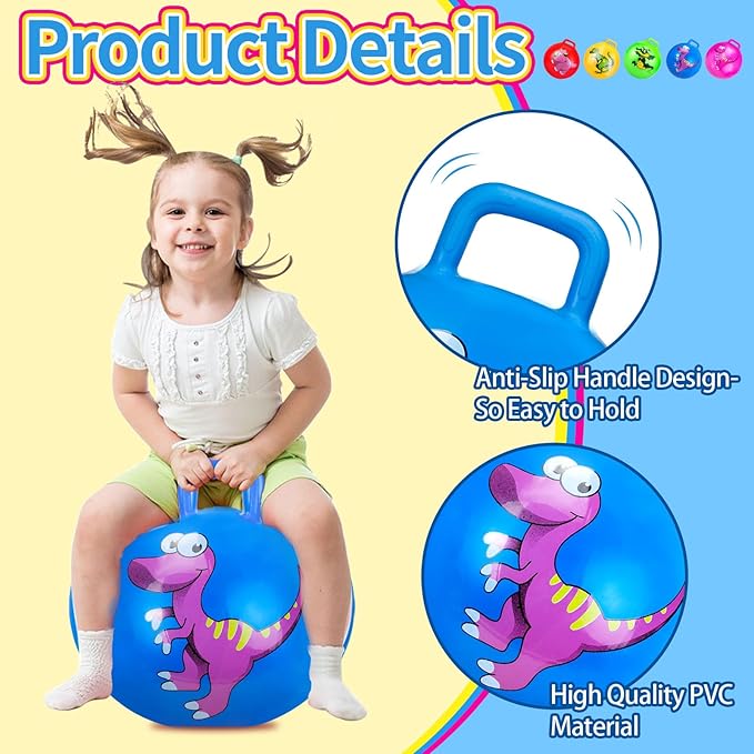 Hymaz 5 Pcs 18 inch Hopper Ball, Dinosaur Toddler Ride On Toys, Bounce Balls with Handles and Air Pump for Kids 2-6 Years, Jumping Hopping Ball for Girl Boy Outdoor Garden Fun Races