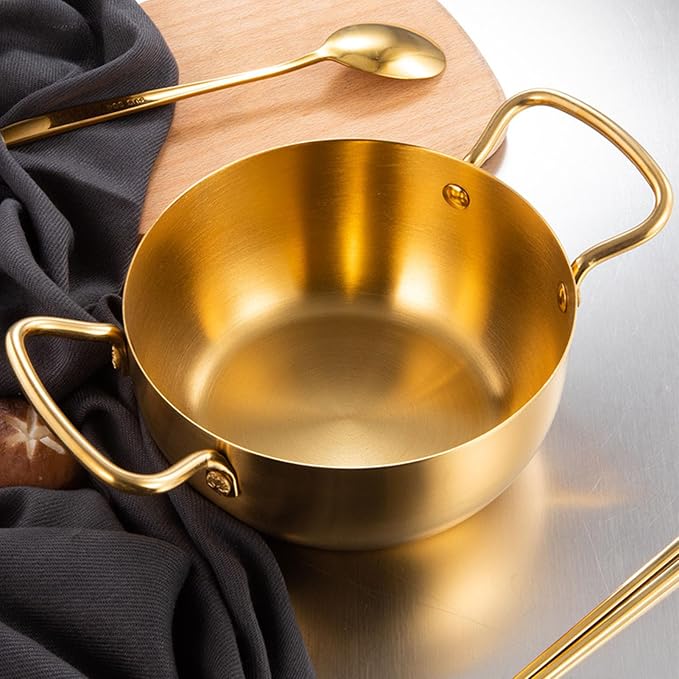 Korea Ramen Pot Stainless Steel Double Handle Noodle Cooking Pot for Induction Cooker (Gold)