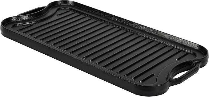 Amazon Basics Pre-Seasoned Cast Iron Reversible Rectangular Grill/Griddle with Even Heat Distribution, Black, 20 x 10.63 x 0.98 inch