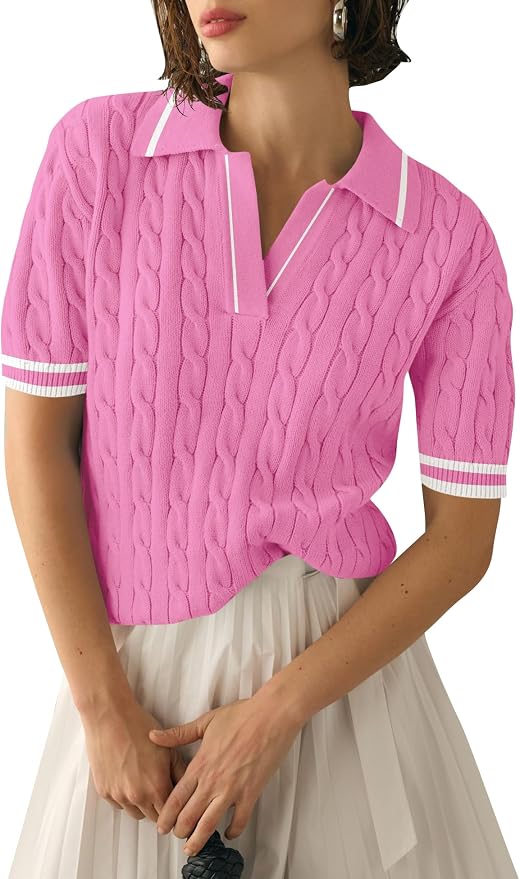 Micoson Womens Short Sleeve Sweater Tops Lapel V Neck Polo Shirts 2026 | Summer Cable Knit Loose Blouses, Business Casual Outfits