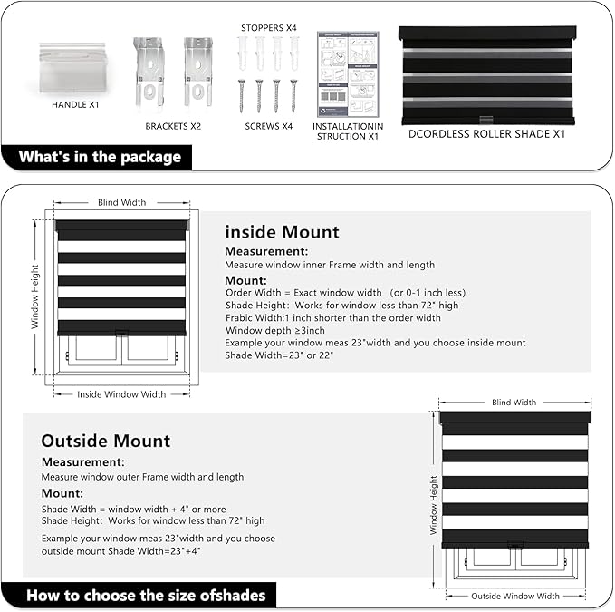AOSKY Cordless Zebra Blinds for Windows Pull Down Roller Window Shades Dual Layer Light Filtering Privacy for Day and Night, Free-Stop Door Shades for Home Easy to Install (51" W X 72" H, Black)