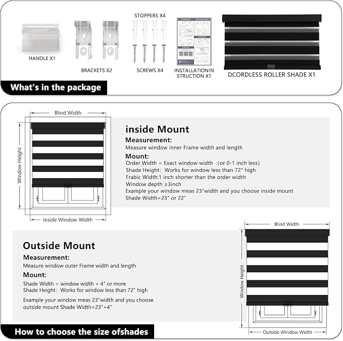 AOSKY Cordless Zebra Blinds for Windows Pull Down Roller Window Shades Dual Layer Light Filtering Privacy for Day and Night, Free-Stop Door Shades for Home Easy to Install (46" W X 72" H, Black)