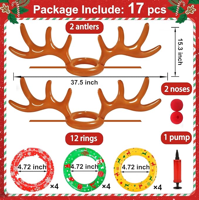 Christmas Games Gifts for Kids Teen Adults, Inflatable Reindeer Antler Ring Toss Game, Office Party Favors Supplies, Indoor Outdoor Carnival Holiday Family Party Toys