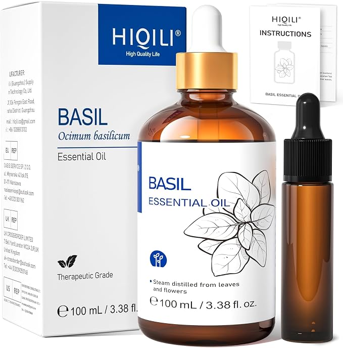 HIQILI Basil Essential Oil for Aromatherapy Diffuser, Hair Care | Perfect for bedroom, yoga, skin care. Promotes calm relaxation, body massage, DIY soap and candle - 100mL / 3.38 fl.oz