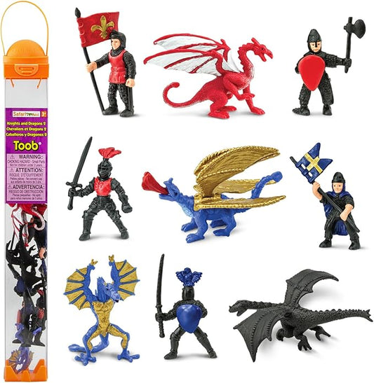 Safari Ltd. Knights & Dragons TOOB - 9 Mini Figurines with Knights, Drake, Tiamat, Wyvern, and Peluda Dragon - Toy Figures for Boys, Girls & Kids Ages 3+