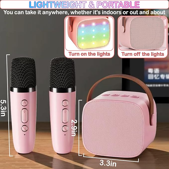 Mini Karaoke Machine for Kids Age 4-12, Bluetooth Speaker with 2 Wireless Microphone & LED Lights, Christmas Birthday Gifts for Girls Boys Kids Adults