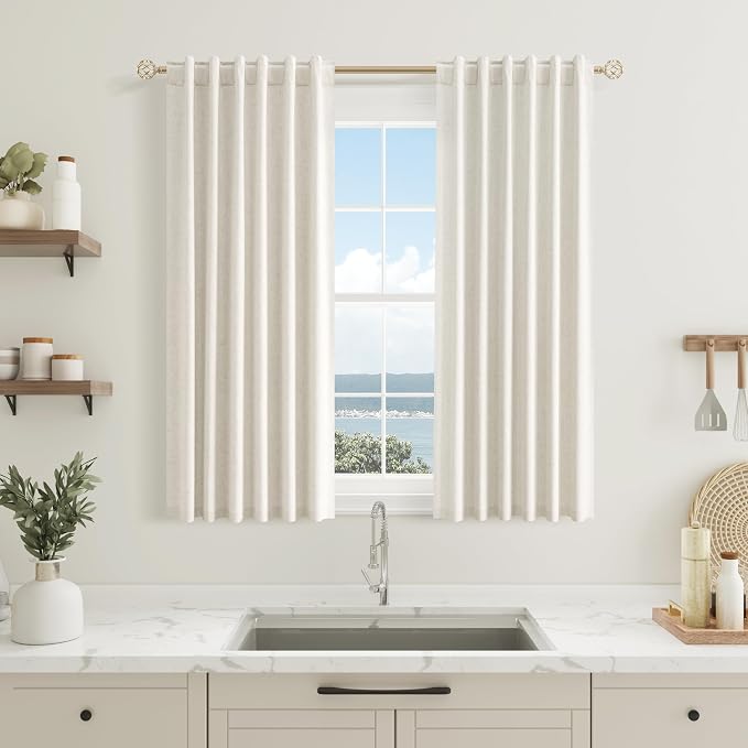 Guken 100% Blackout Linen Short Curtains for Bedroom 54 Inches Long Natural Cream Black Out Curtain Back Tab Thermal Insulated Room Darkening Window Drapes for Living Room 2 Panels Beige Ivory 38x54