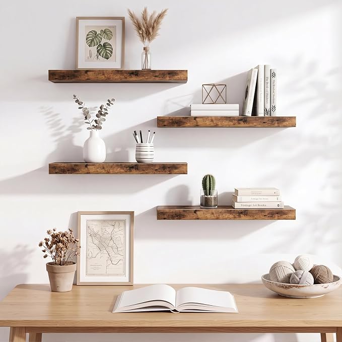 Fixwal Wood Floating Shelves, Wall Shelves Set of 4, Shelves for Wall Decor, with Invisible Brackets for Bathroom, Living Room,Bedroom and Kitchen(15.7in, Rustic Brown)
