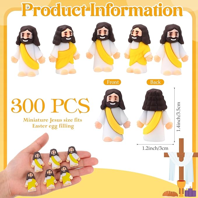 Bememo 300 Pcs Little Jesus Figures Bulk Original Design Mini Pocket Jesus Toys Rubber Figurine to Hide and Seek Religious Party Favors Sunday School Craft Baptism Gifts(Yellow)
