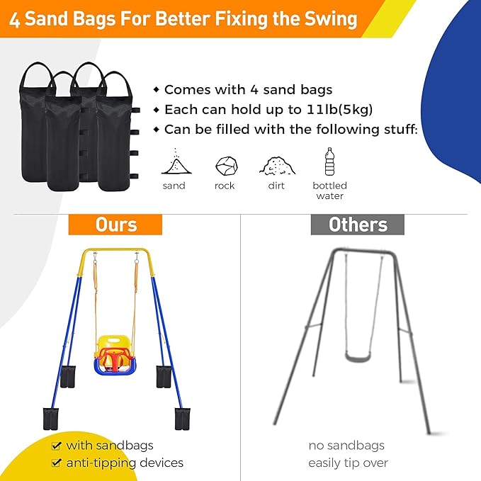 FUNLIO Toddler Swing with Foldable Metal Stand for Toddlers Aged 1~10 Years, 3-in-1 Baby Swing Set with 4 Sandbags for Backyard/Indoor/Outdoor Play, Easy to Assemble & Store
