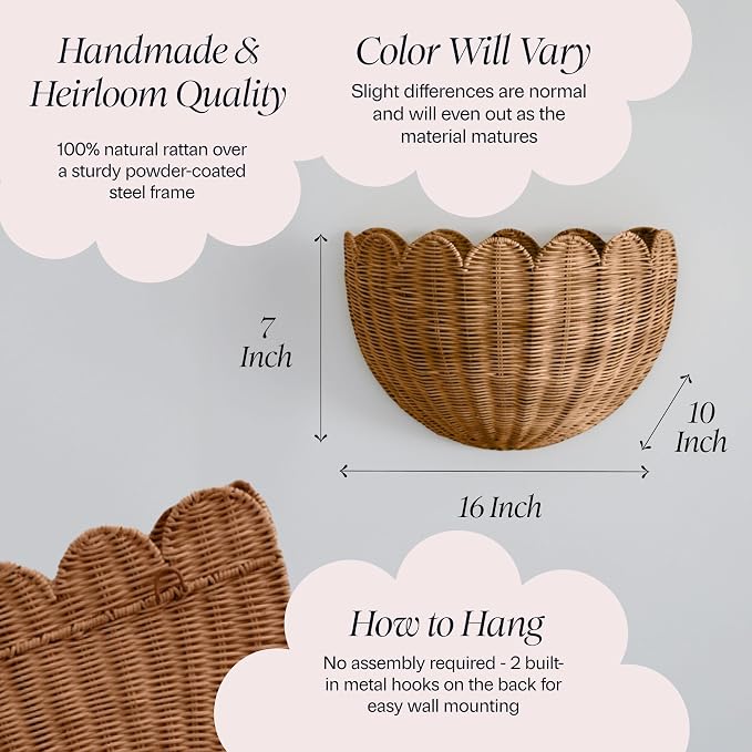 BEBE BASK Scalloped Wicker Wall Basket - The Original - 16 x 10 x 7 In | Handwoven Basket, Scalloped Décor Wall Hanging Baskets, Hanging Wall Basket, Rattan Wall Storage Basket for Home (Mocca)