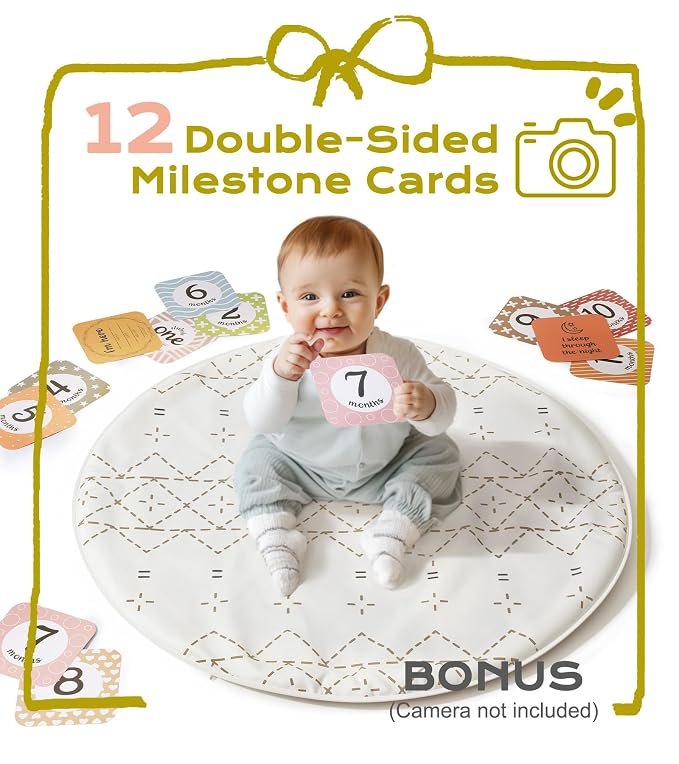 Little Dove Tummy Time Mat with 6 Toys, Macrame Baby Play Mat for Newborn, Baby Gym with 12 Milestone Cards, Stage-Based Sensory and Motor Skill Development Baby Play Gym, Non Slip Mat Washable, Khaki