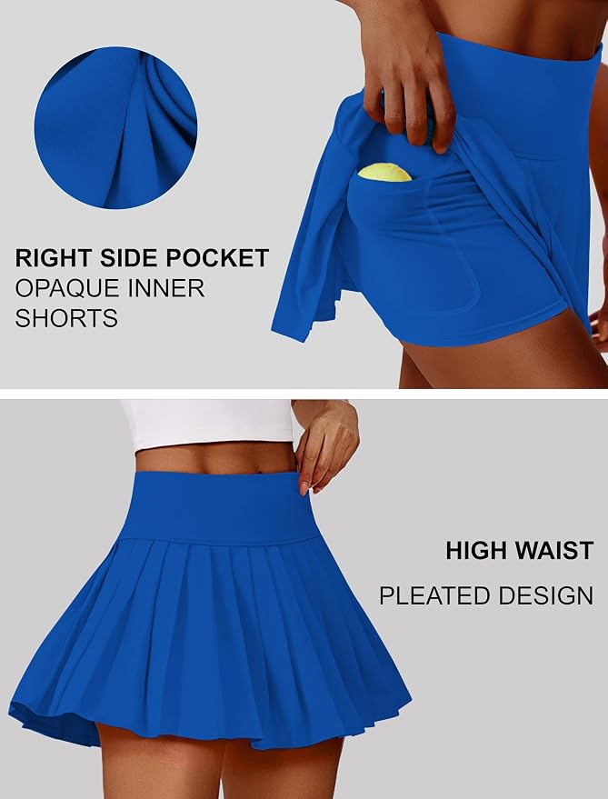 PINSPARK Pleated Tennis Skirts Mini Athletic Golf Skorts with Pocket | 14", High Waist, Lightweight, Quick Dry, Stretchy, Inner Shorts, Sun Protection, Pickleball, Casual, for Women