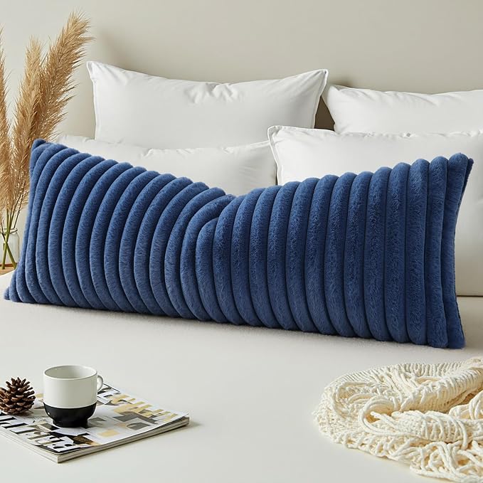 decorUhome Fall Faux Fur Throw Pillow Covers 14x36 Pack of 1 Navy Blue | Decorative Soft Cozy Striped Plush Modern Farmhouse Boho Couch Pillow Cases Velvet Back for Sofa Bed Living Room Home Decor