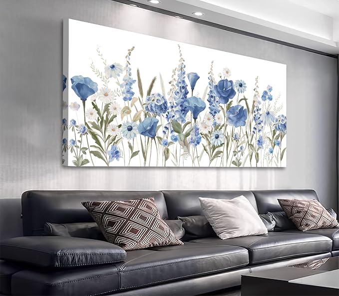 arteWOODS Elegant Flowers Wall Art - Blue White Botanical Pictures for Wall Decor Floral Blossom Canvas Painting Print Artwork for Living Room Bedroom Home Office Wall Decoration 24" x 48"