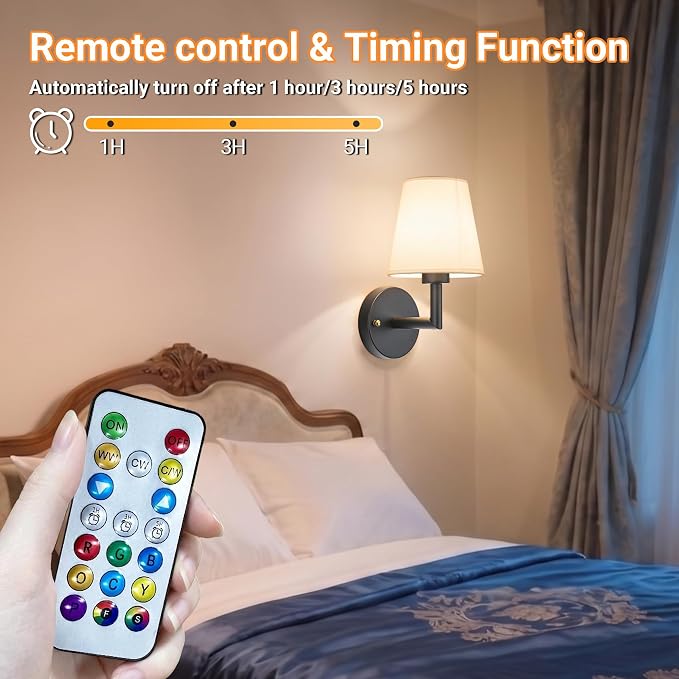Nekhung Battery Operated Wall Sconce, Peel and Stick Sconces Set of 2 | Wireless Adhesive Stick On Wall Sconce, 10000mAh Rechargeable RGB Bulb with Remote, No Drill Wall Light for Bedroom Decor
