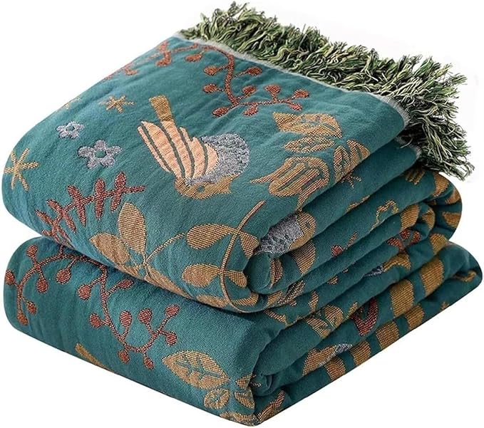 Boho Throw Blanket for Bed 100% Cotton Bohemian Blankets Ultra Soft Woven Muslin Decorative Blankets All Seasons Vintage Quilt Knitted Blanket for Sofa Chair(Blue, 90"x98")