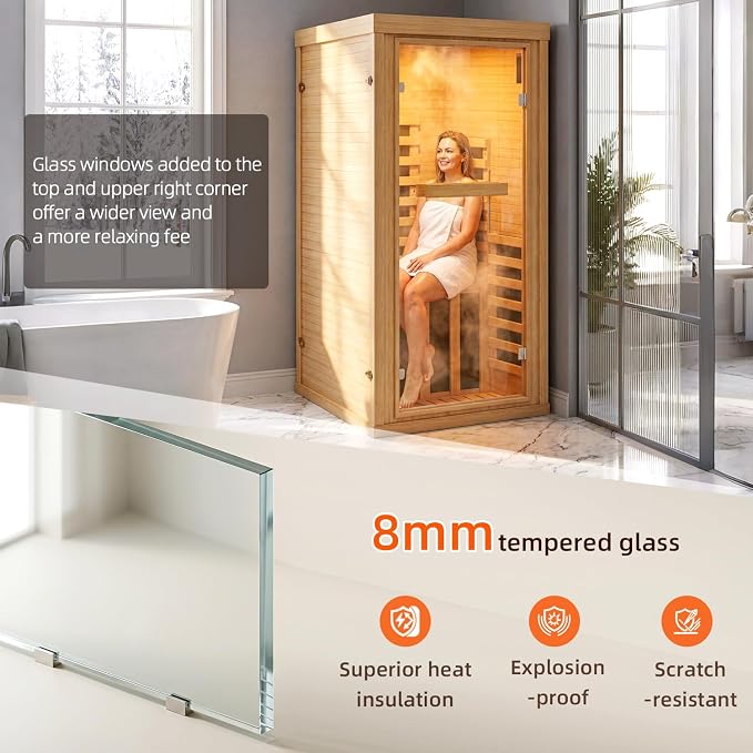 1 Person Infrared Dry Sauna, Canadian Hemlock Wood Indoor Home Spa Sauna Room with Speakers, Tempered Glass Door, 149°F Max, 32.3"x32.3"x61.6"