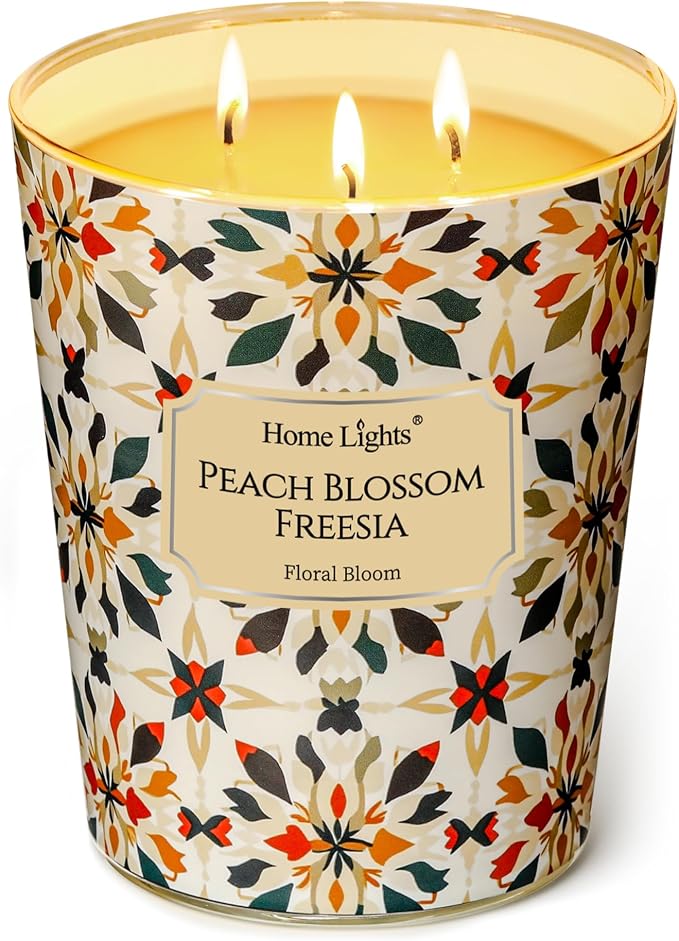 HomeLights 3-Wick Candles for Home Scented - 34oz Soy Wax Blend Candle Long-Lasting Fragrance, Bohemian Natural Textures Home Decor and Housewarming Gifts, Peach Blossom Freesia