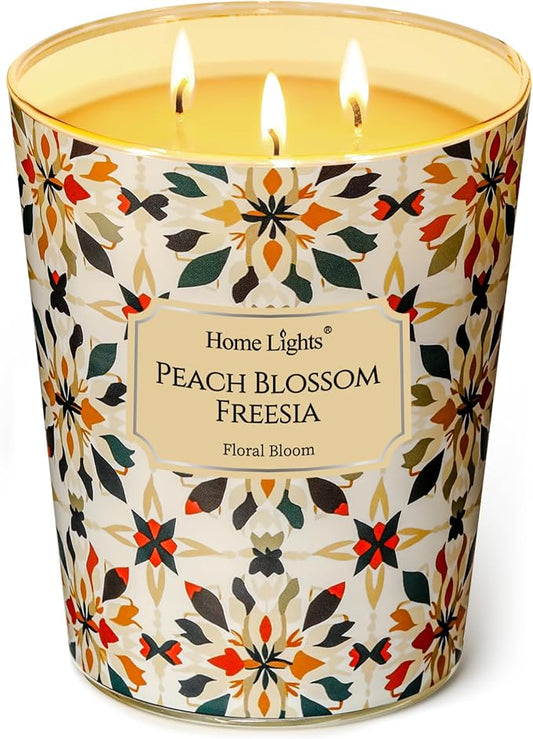 HomeLights 3-Wick Candles for Home Scented - 34oz Soy Wax Blend Candle Long-Lasting Fragrance, Bohemian Natural Textures Home Decor and Housewarming Gifts, Peach Blossom Freesia