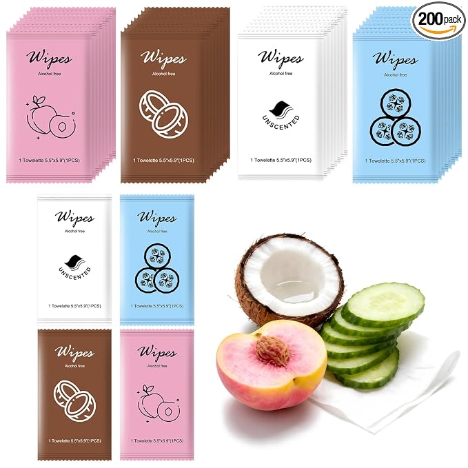 Individual Hand Wipes Wet Wipes Travel Size,Wet Wipes Individually Wrapped | 200PCS Bulk Cleansing Travel Size Wipes for Wedding Travel Restaurant Barbecue(Cucumber,Coconut,Peach,Unscented)