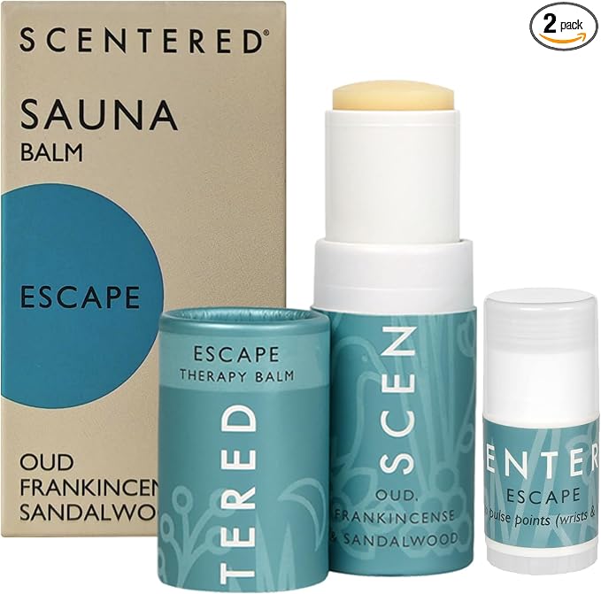 Scentered Sauna Balm Duo - Escape Essential Oils Blend Aromatherapy Balm Stick for Sauna Rituals - Sauna Accessories Set with Oud, Frankincense & Sandalwood - Sauna Gifts