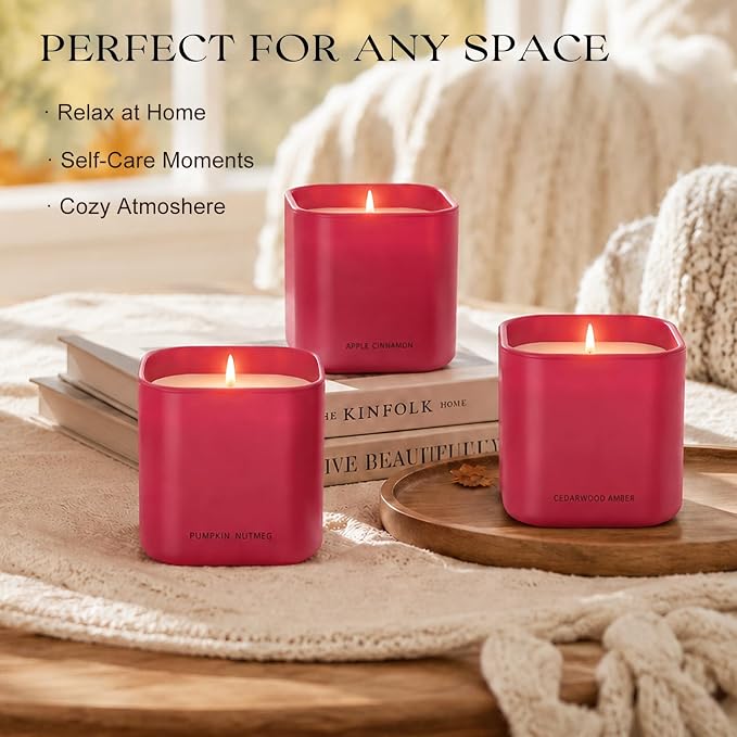 Scented Candle Gift Set for Women,3 Pack 4.2oz Natural Soy Wax Candles, Apple Cinnamon, Pumpkin Nutmeg & Cedarwood Amber, Long Lasting Aromatherapy Candles for Home, Birthday Holiday Gifts