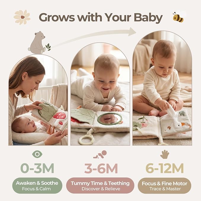 let's make Soft Baby Book, Sensory Crinkle Cloth Books for Babies 0-12 Months, Bear Goose Tummy Time Toy with Shatterproof Mirror, Squeaker, Food Grade Silicone Teether, Washable Stroller Newborn Gift