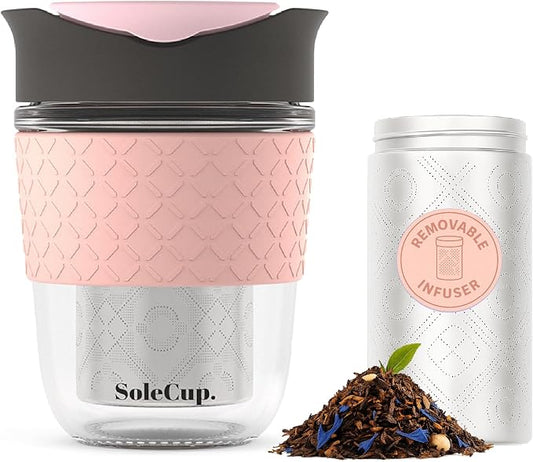 Travel Mug Loose Tea Infuser - Detachable Tea Strainer with Spillproof Lid - BPA-Free Reusable Glass Travel Coffee Cup with Silicone Band (Gray and Pink, 12oz)