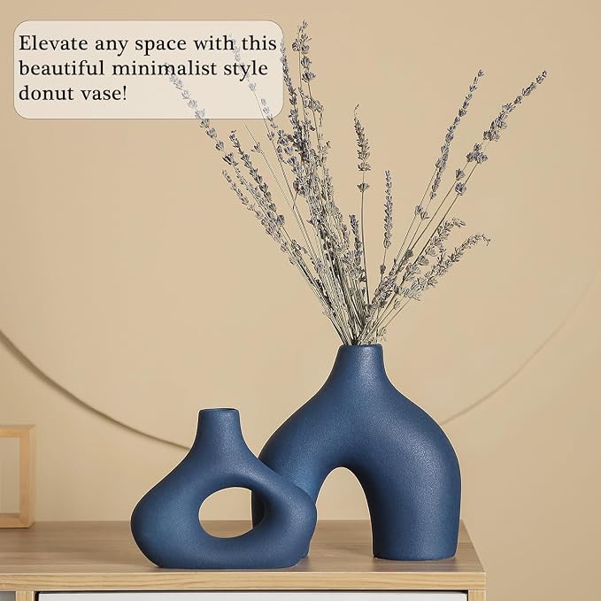 CEMABT Blue Ceramic Vase Set of 2 for Modern Minimalist Bohemian Decor，Round Matte Donut Vases for Pampas Grass-Perfect for Living Room, Dining Table, Office Bedroom Shelf Decor Entryway, Console