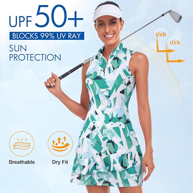 Viracy Tennis Dress for Women Sleeveless Golf Dresses with Shorts and Pockets Ruffle Zip Up Stand Collar Golf Outfits