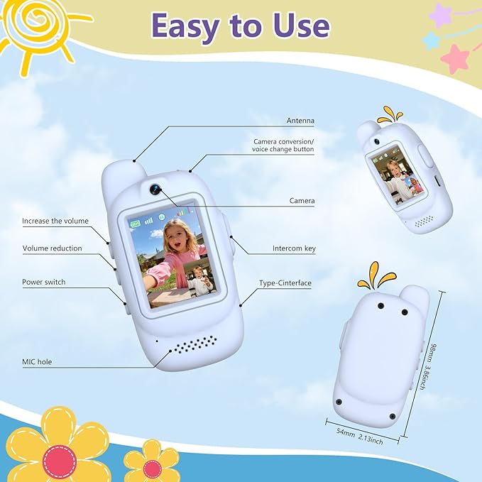 Video Walkie Talkies for Kids, 2 Pack Rechargeable Video Walkie Talkies, HD Camera, Voice Changer, for Family Fun, Camping and Travel, Ages 3-12, Blue and Blue