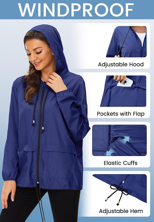 Zando Lightweight Rain Jacket Women Packable Waterproof Raincoat with Hood | Windbreaker Jacket Women, Light Raincoats for Drizzle, Rain Coats for Travel, Hiking and Commute