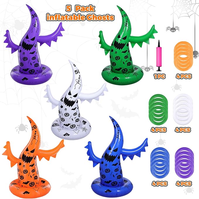Halloween Ring Toss Game Set, 5 Pack Inflatable Ghost Witch Hat Ring Toss Fun Halloween Games for Kids Trunk or Treat Party Games Carnival Activities Indoor Outdoor Halloween Party Supplies