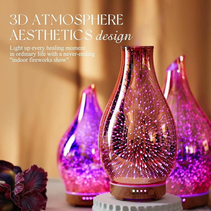 Porseme Essential Oil Diffuser 3D Glass Aromatherapy Ultrasonic Humidifier Cool Mist, Auto Shut-Off, Timer Setting, BPA Free for Home Office Hotel Yoga Gym Leisure SPA Gift 100ml