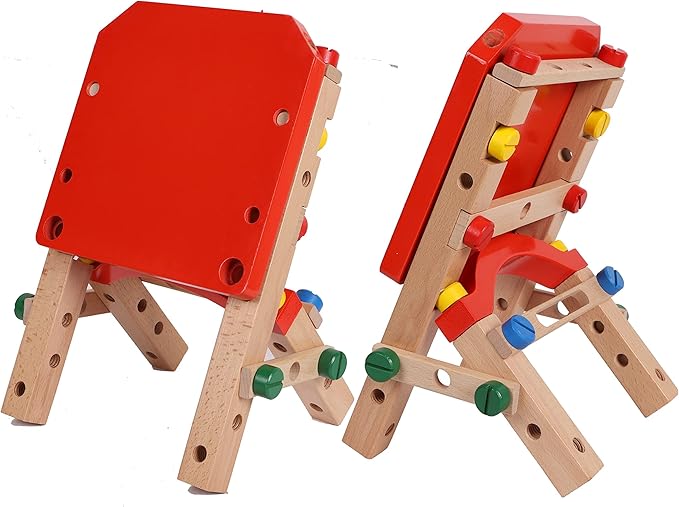 Wooden Nuts and Bolts Set - Construction Work Bench Chair - Wooden Construction Kits for Kids - Compatible with TOWO Nuts Bolts Set