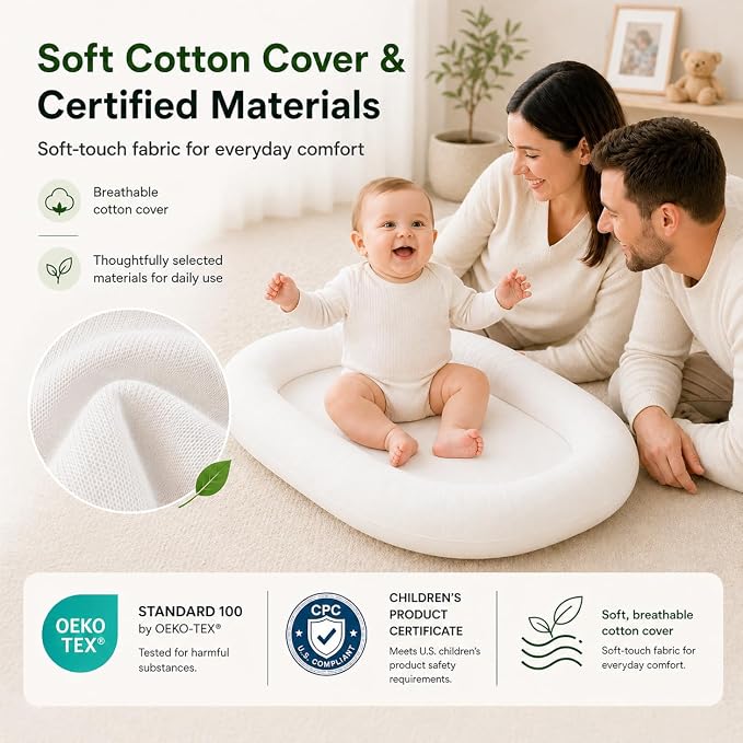 Baby Lounger for Newborns 0-24 Months, Soft Breathable Cotton Infant Support Cushion for Tummy Time & Play, Portable Infant Lounger, Baby Essentials for Newborn- Cloud White (Cover Included)