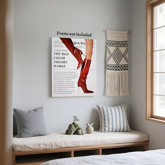LEKDRA Vintage Color Theory Newspaper Poster Retro Fashion Red Boots Canvas Wall Art Funky Girl Room Decor Feminist Quote Print Wall Decor Aesthetic for Girly Bedroom Home Dorm 8x12inch Unframed